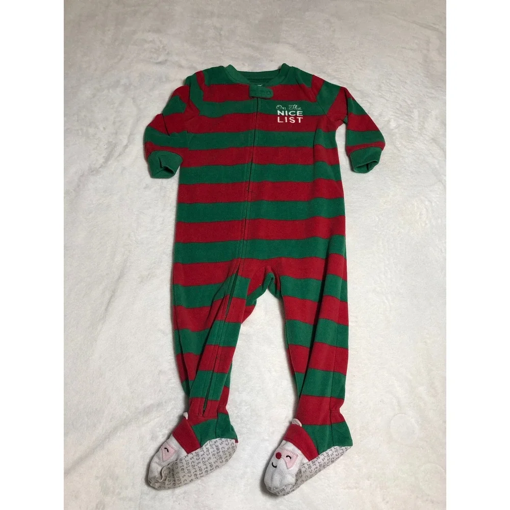 5/$25 Carter's Footed Pajamas Kids 18M Red Green Striped On The Nice List Fleece